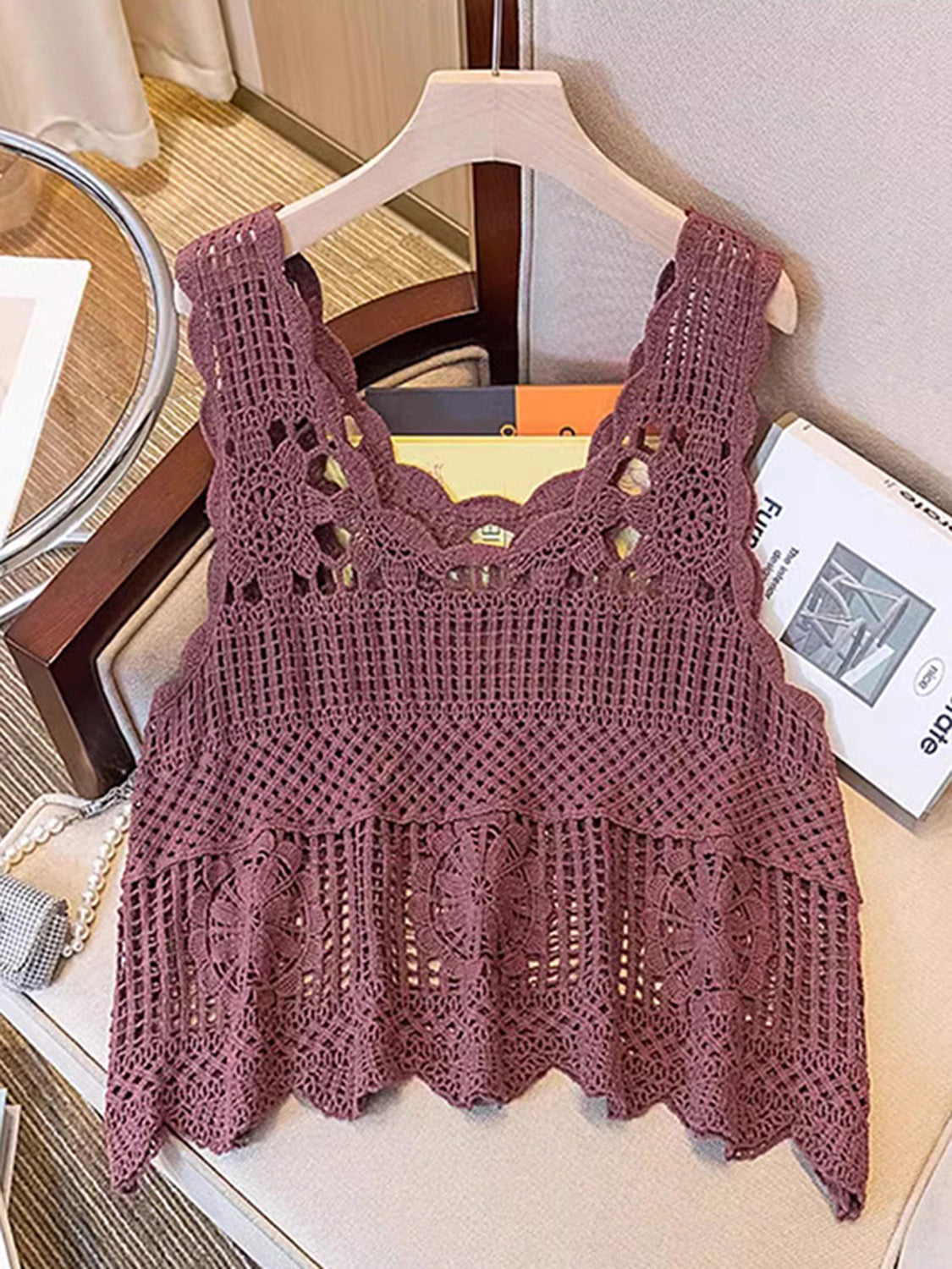 BOHO BEACHY Openwork Scoop Neck Tank
