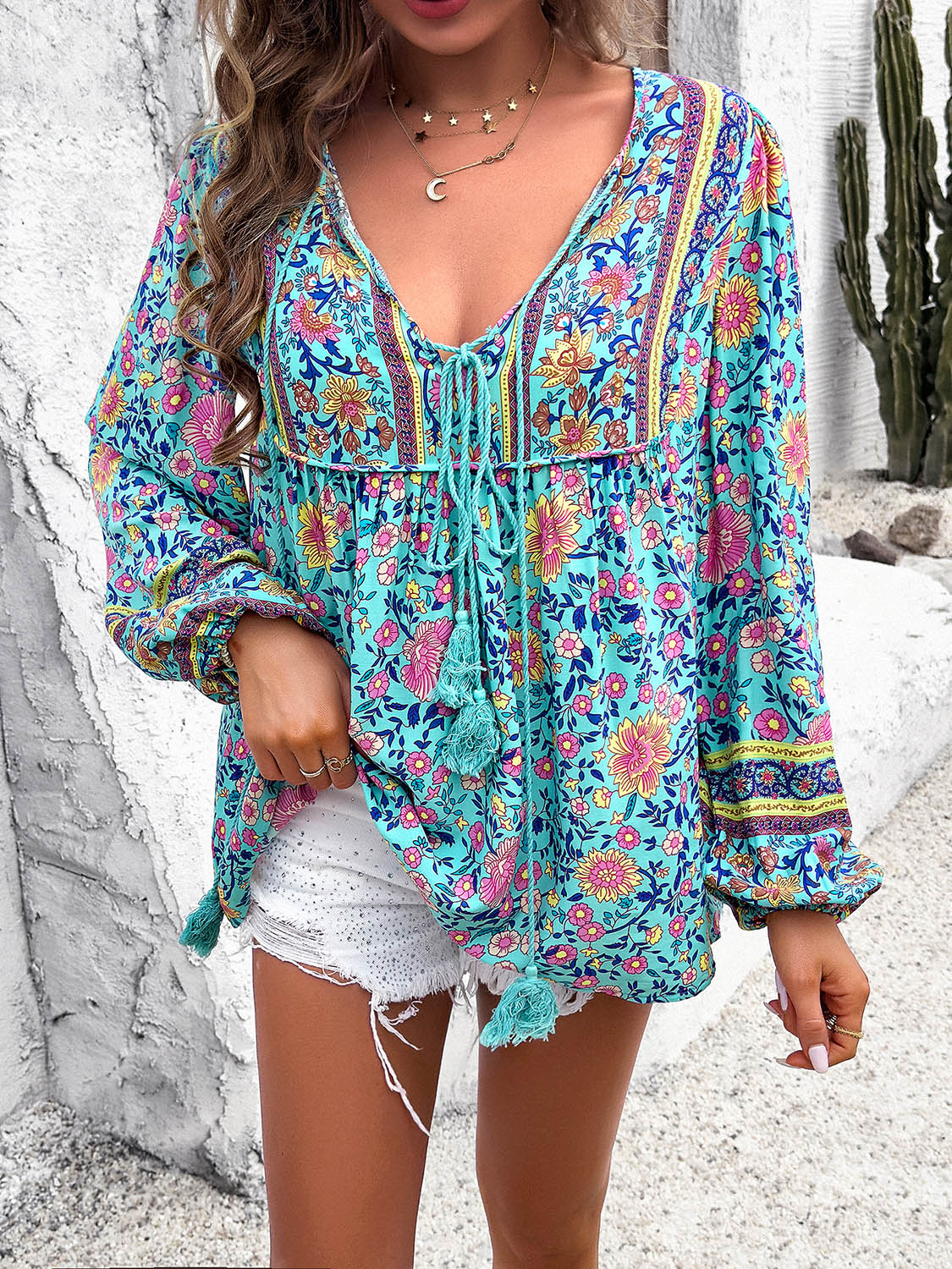 Coastal Boho Tie Neck Long Sleeve Blouse